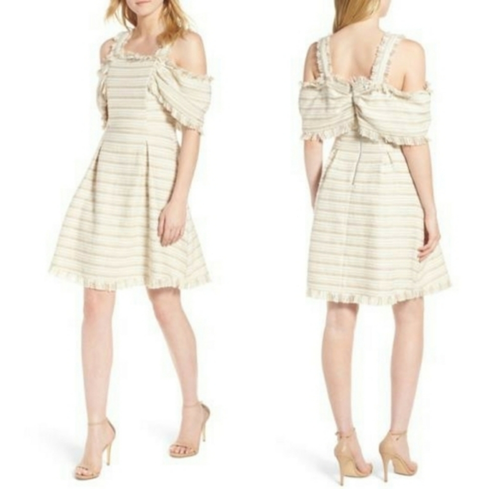 Elliatt Cream Striped Off-Shoulder Mini Dress
